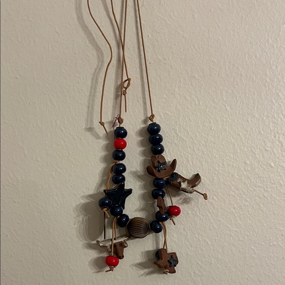 Western Painted Navy Red Ceramic Beaded Necklace Cowboy Hat, Boot, Texas Star